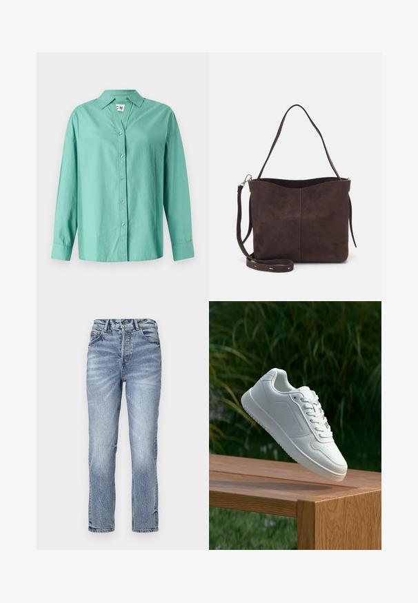Light green button-up shirt made of cotton, featuring a collar, long sleeves, and a straight hem with a relaxed fit.; Light blue denim jeans with a straight fit, high waist, faded texture, and five pockets. Features metal button and zipper closure.; White sneaker with a smooth synthetic upper, perforated toe box, flat laces, and a textured sole, displayed on a wooden surface.; Brown suede tote bag with a soft texture, featuring a single shoulder strap and a subtle curved top opening. No visible hardware details.