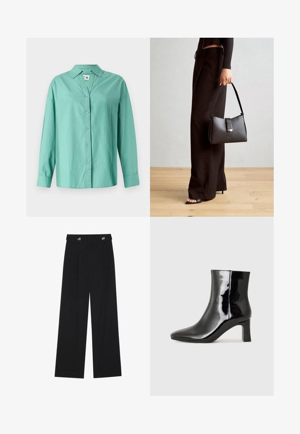 Ανοιχτό πράσινο πουκάμισο με κουμπιά φτιαγμένο από βαμβάκι, με γιακά, μακριά μανίκια και ίσια ποδιά με χαλαρή εφαρμογή.; Μαύρο παντελόνι φόρμας σε φαρδιά γραμμή με ψηλή μέση, κουμπιά στη μέση και πλαϊνές τσέπες.; Μαύρη πατενταρισμένη δερμάτινη μπότες αστραγάλου με μυτερή μύτη και μεσαίο τετράγωνο τακούνι. Λείος υφή και μινιμαλιστικός σχεδιασμός.; Μαύρη τσάντα χειρός με δομημένο σχήμα, λεία υφή και μεταλλικό κούμπωμα. Συνδυασμένη με φαρδιά μαύρα παντελόνια και σανδάλια ανοιχτής μύτης πάνω σε ξύλινο πάτωμα.