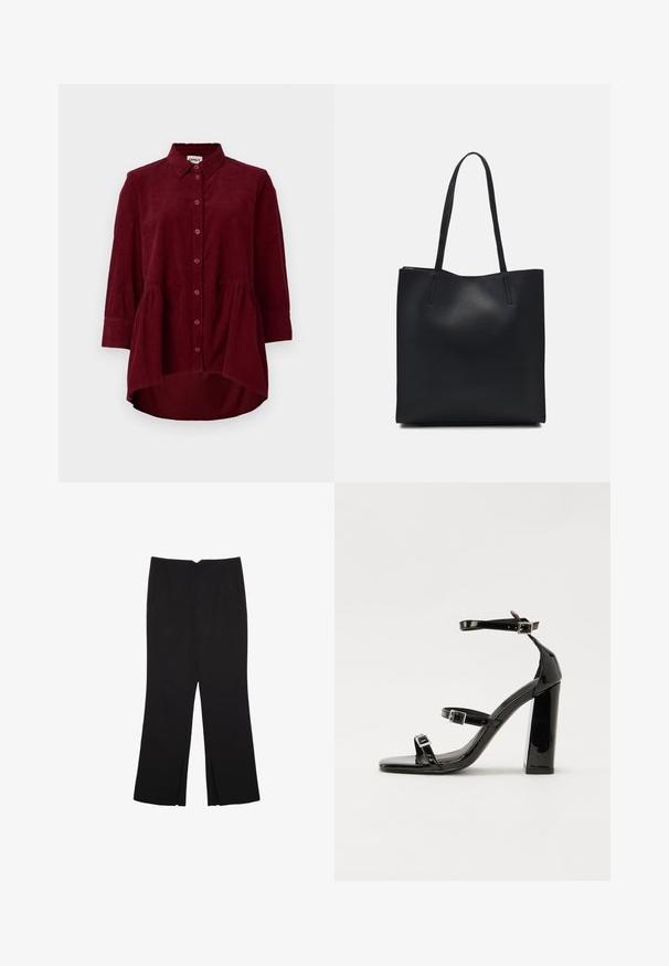 Bordeaux kordfløjls skjorte med klassisk krave, knaplukning foran og trekvartærmer; har en peplum kant og tekstureret stof.; Sorte bukser med lige pasform, der har frontlommer og slidser i kanten. Lavet af blødt, glat stof. Velegnet til forskellige anledninger.; Sorte patenterede hælsandaler med firkantet tå, ankelremme og sølvspænder. Har en chunky blokHæl for stabilitet.; Sort læder tote taske med glat tekstur, rektangulær form og to lange hanke. Ingen synlig hardware eller udsmykninger.