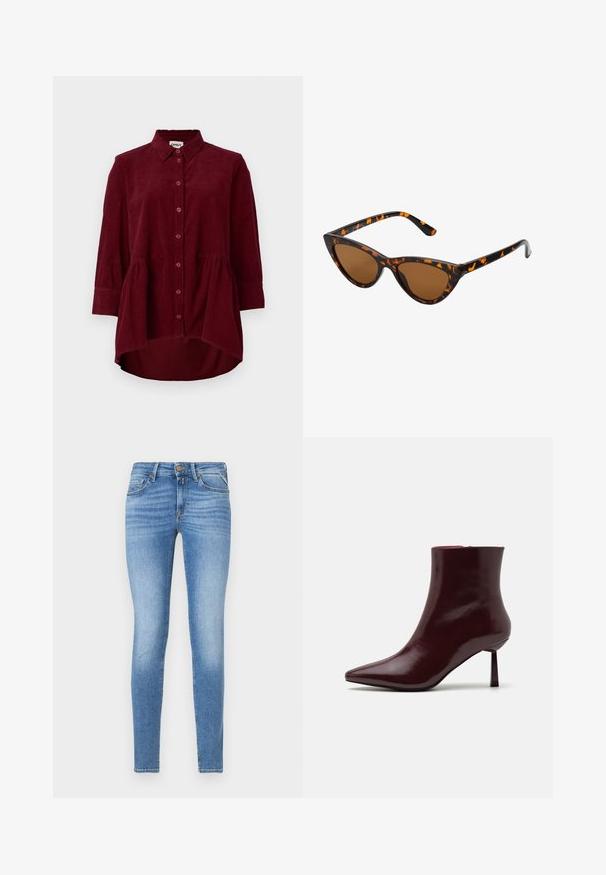 Bordeaux corduroy overhemd met een klassieke kraag, knoopsluiting aan de voorkant en driekwartmouwen; heeft een peplumzoom en een gestructureerde stof.; Slim-fit lichtblauwe spijkerbroeken met een middelhoge taille, vooraan met knoopsluiting en een vijf-pocket ontwerp.; Bordeaux patentleren enkelboot met een spitse neus en een slanke stilettohak, met een gladde, glanzende textuur en een minimalistisch ontwerp.; Cat-eye zonnebril met een zwart en oranje schildpadframe, bruine lenzen en slanke, puntige uiteinden. Bevat een minimalistisch logo op de poot.; Gouden creolen met een gladde, glanzende afwerking. Circulaire vormgeving met een kleine post en een doorzichtige achterkant voor een veilige draagervaring.