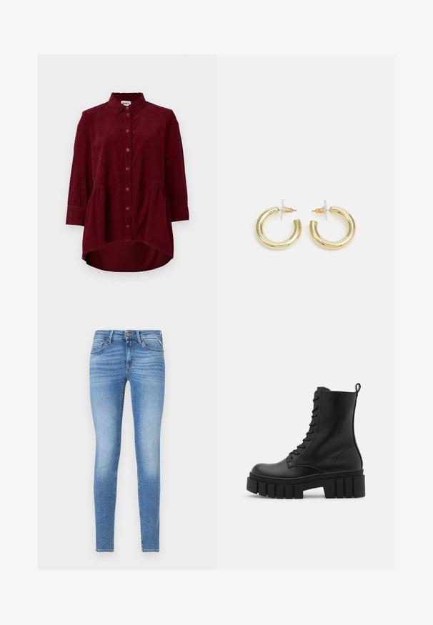 Bordeaux corduroy overhemd met een klassieke kraag, knoopsluiting aan de voorkant en driekwartmouwen; heeft een peplumzoom en een gestructureerde stof.; Slim-fit lichtblauwe spijkerbroeken met een middelhoge taille, vooraan met knoopsluiting en een vijf-pocket ontwerp.; Zwarte leren enkelboot met een chunky, gegroefd zool, vetersluiting aan de voorkant en een trekband op een gladde witte achtergrond.; Gouden creolen met een gladde, glanzende afwerking. Circulaire vormgeving met een kleine post en een doorzichtige achterkant voor een veilige draagervaring.