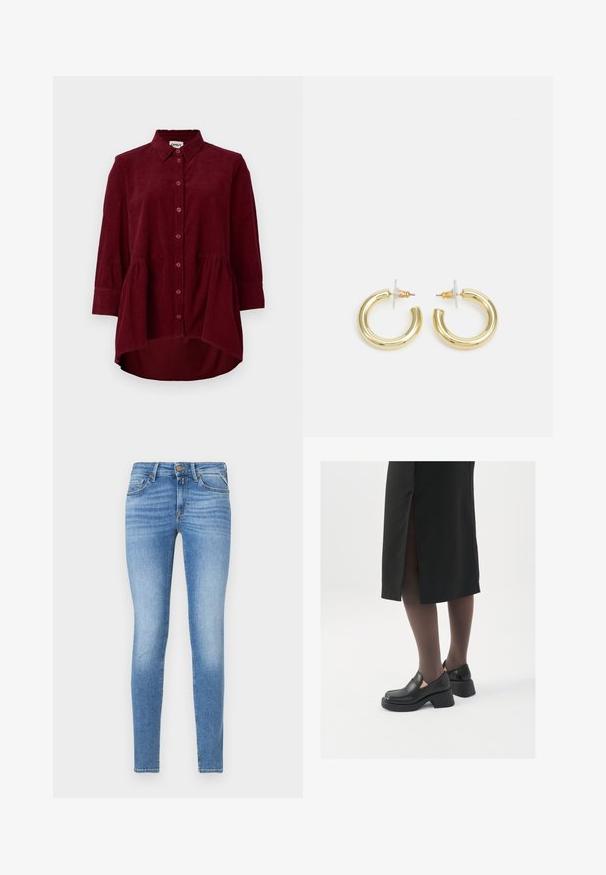 Bordeaux corduroy overhemd met een klassieke kraag, knoopsluiting aan de voorkant en driekwartmouwen; heeft een peplumzoom en een gestructureerde stof.; Slim-fit lichtblauwe spijkerbroeken met een middelhoge taille, vooraan met knoopsluiting en een vijf-pocket ontwerp.; Zwarte leren schoenen met een ronde neus, dikke blokhak en elastische zijkanten, gecombineerd met donkere panty's en een zwarte rok met een split.; Gouden creolen met een gladde, glanzende afwerking. Circulaire vormgeving met een kleine post en een doorzichtige achterkant voor een veilige draagervaring.