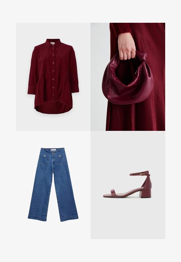 Burgundska kordna srajca s klasičnim ovratnikom, gumbnim zapiranjem in rokavi do tri četrtine; ima peplum rob in teksturirano blago.; Jeans širokih nogavic iz denima z medenim modrim pranjem, dvema sprednjima žepoma z gumbnimi zaprtji in šivanjem ob robovih.; Burgundska usnjena sandaala s kvadratnim nosom, tankim gležnjenjskim pasom, zlatnimi dodatki in masivnim blokastim petam. Gladka tekstura in minimalističen dizajn.; Bordo usnjeni ročni torbici s mehak, nabrana zasnova in okrogla oblika. Ročaj je varen in prikazuje gladko teksturo.