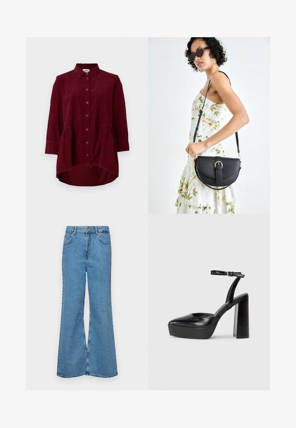 Cămașă burgundă din catifea cu un guler clasic, închidere cu nasturi și mâneci trei sferturi; are un tiv peplum și un material texturat.; Jeanși evazați de culoare albastru deschis, din denim, cu talie înaltă, cinci buzunare și închidere cu un singur buton. Textură moale cu un finisaj decolorat.; Pantofi cu toc platformă negri, cu vârful ascuțit și curea reglabilă la gleznă. Confecționați din piele netedă, având un toc gros.; Geantă din piele neagră, cu o formă curbată, curea detașabilă și accesorii aurii. Geanta are un capac cu un detaliu tip cataramă.