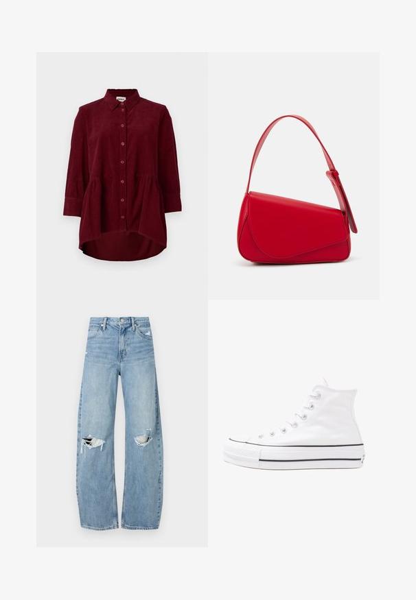 Camisa de côr bordô em veludo cotelê com colarinho clássico, fecho dianteiro em botões e mangas de três quartos; apresenta uma bainha peplum e tecido texturizado.; Jeans de lavagem clara, de cintura alta, feitos de denim. Apresentam pernas largas, duas áreas rasgadas nos joelhos e o estilo clássico de cinco bolsos.; Sapatilha alta de tela branca com sola de borracha preta, bico de borracha na frente e seis ilhós para os atacadores, apresentando um design limpo e minimalista.; Bolsa de mão em couro vermelho com um design angular e geométrico. Apresenta uma única alça ajustável e um fecho com aba, com detalhes cosidos.