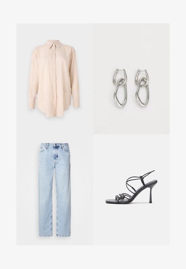 Ljusbeige skjorta med lång ärm, med tunna vertikala ränder och klassisk krage. Tillverkad av en slät, mjuk tyg.; Ljusblå vida jeans i denim med hög midja, blekt tvätt och subtilt tie-dye-mönster fram.; Svarta högklackade sandaler har tunna remmar med en knuten design, en slät fyrkantig tå och en smal stilettklack.; Calvin Klein STATEMENT LINKS - Örhänge - silver-coloured