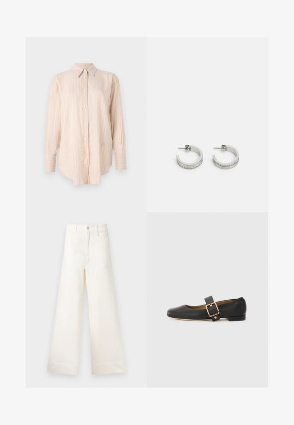 Lichtbeige overhemden met lange mouwen, met fijne verticale strepen en een klassieke kraag. Gemaakt van een gladde, zachte stof.; Bredere broek van lichtbeige katoen. Heeft een hoge taille, voorzakken en een rechte snit. Schoon afgewerkte zoom zonder patronen.; Zwarte leren vlakke schoen met een ronde neus, enkelbandje en gouden gesp. Lage blokhak en soepele textuur.; Zilveren oorringen met een gladde oppervlakte en een rij kleine heldere stenen langs de onderrand, met een achterkant met een knop.
