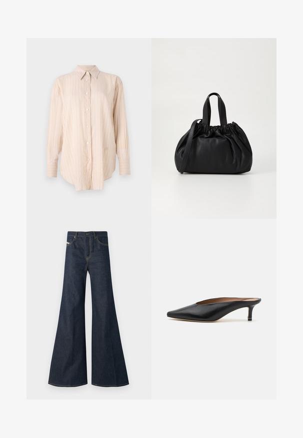 Lichtbeige overhemden met lange mouwen, met fijne verticale strepen en een klassieke kraag. Gemaakt van een gladde, zachte stof.; Donkerblauwe flared jeans van denim, met een hoge taille, gouden stiksels en twee voorzakken met een knoopsluiting.; Zwarte leren muiltjes met een puntige neus en een lage, blokhak. Glad oppervlak met een gestroomlijnd ontwerp. Open achterkant met minimale details.; Zwarte leren handtas met een geplooid ontwerp aan de bovenkant, voorzien van twee korte handvatten en een lange verstelbare schouderband. Gladde textuur, ronde vorm.