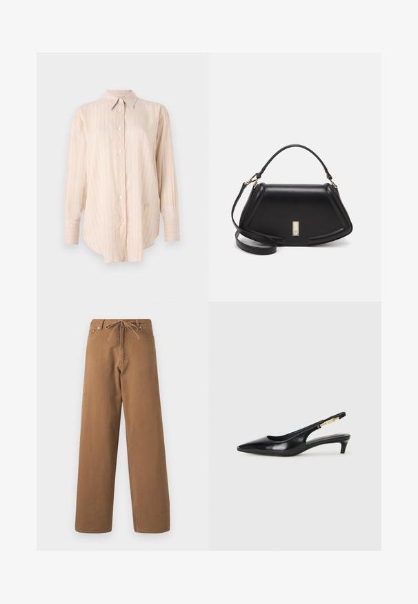 Light beige button-up shirt with long sleeves, featuring thin vertical stripes and a classic collar. Made from a smooth, soft fabric.; Brown wide-leg pants made from cotton, featuring a drawstring waist and two front pockets. Textured fabric with a smooth finish.; Black leather slingback heels with a pointed toe, featuring a slim heel and a gold-tone accent on the adjustable strap. Smooth texture.; Black leather handbag with a structured design, featuring a cropped shape, top handle, and gold hardware accent. Adjustable shoulder strap included.