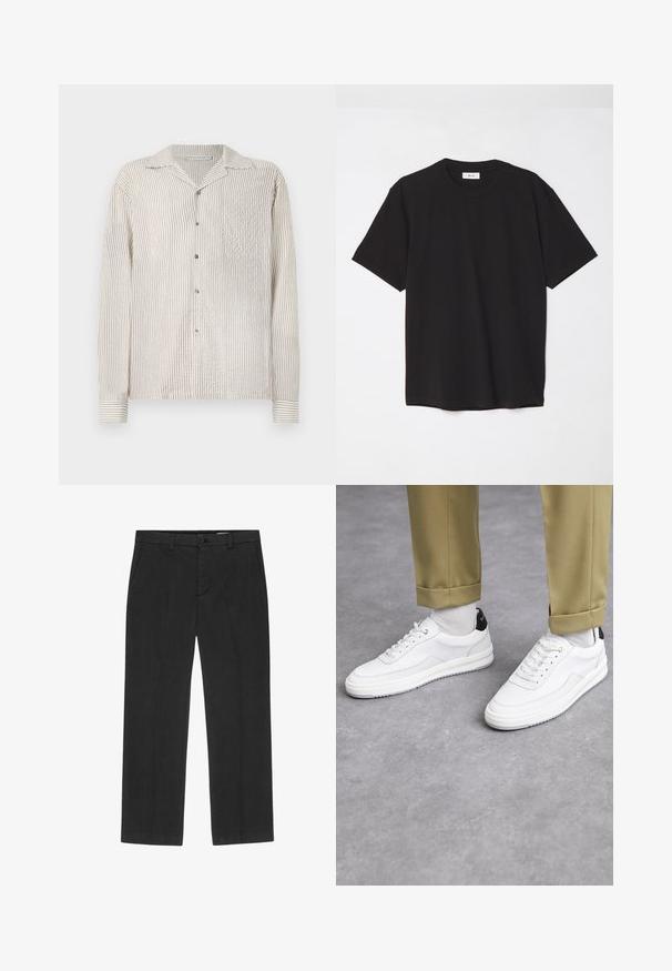 Camicia a maniche lunghe con bottoni, presentano un sottile motivo a righe verticali in crema chiaro e beige. Realizzata in tessuto testurizzato, con colletto classico e taschino sul petto.; T-shirt in cotone nero con colletto a girocollo, maniche corte e vestibilità comoda. Design semplice, texture liscia e senza motivi o loghi visibili.; Pantaloni neri con design a gamba dritta, realizzati in un tessuto leggero. Presentano tasche frontali e chiusura con bottone. Texture liscia.; Sneaker bianchi con finitura in pelle testurizzata, punta arrotondata e accentuazione nera sul tallone. Suola in gomma con piccolo motivo di battistrada e dettagli cuciti.