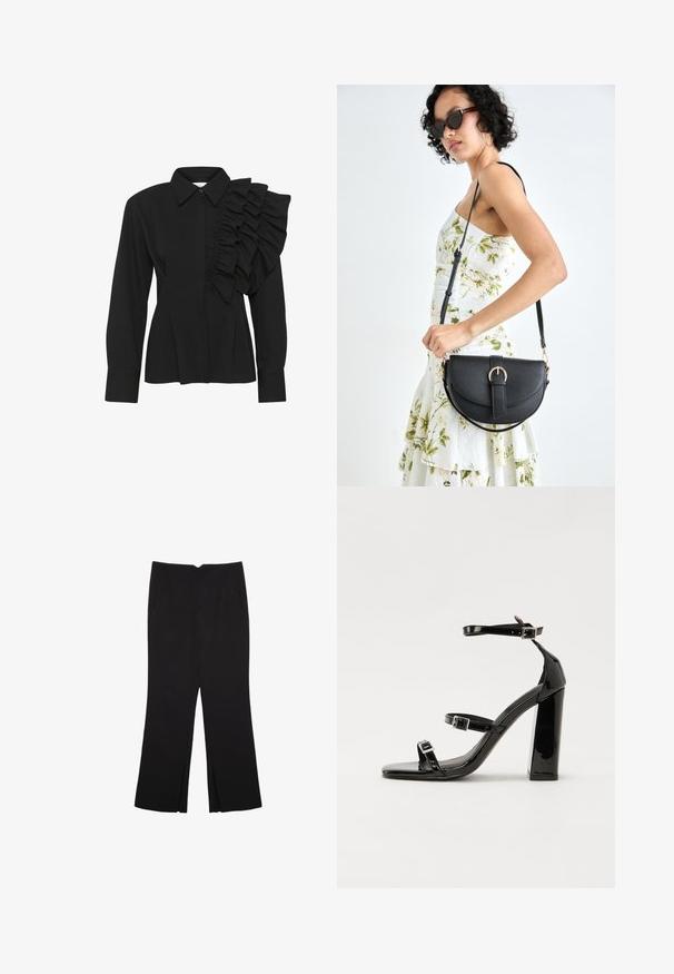 Schwarze Bluse mit einem strukturierten Kragen, langen Ärmeln und einer Rüschendetail an der rechten Schulter. Hergestellt aus glattem Stoff mit taillierter Passform.; Schwarze Hose mit geradem Schnitt, ausgestattet mit Fronttaschen und Seitenschlitzen am Saum. Hergestellt aus weichem, glattem Stoff. Geeignet für verschiedene Anlässe.; Schwarze patentierte Sandalen mit Absatz, quadratischer Spitze, Knöchelriemen und silbernen Schnallen. Mit einem stabilen Blockabsatz für mehr Stabilität.; Schwarze Lederhandtasche mit geschwungener Form, abnehmbarem Tragegurt und goldenen Beschlägen. Die Tasche verfügt über einen Deckel mit einer Schnallen-Details.