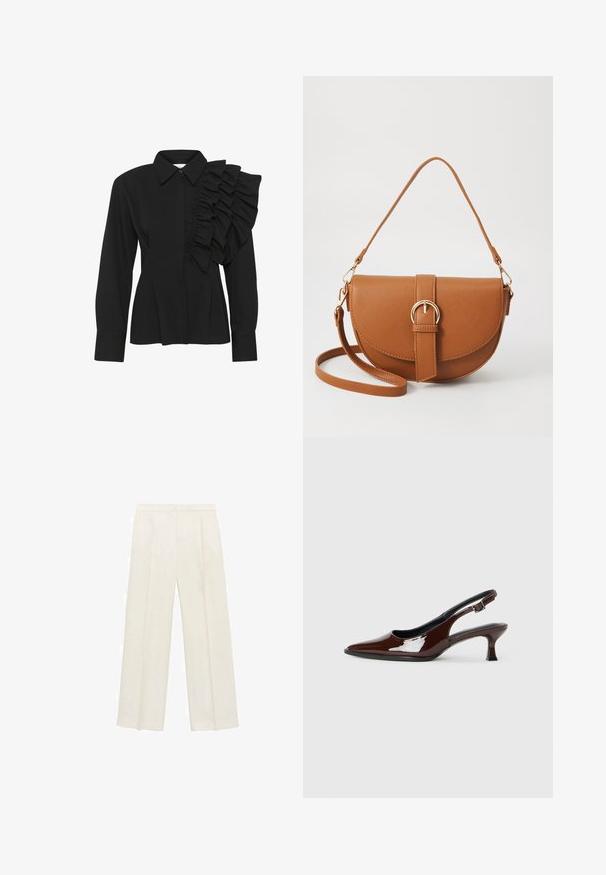 Čierna blúzka so štruktúrovaným golierom, dlhými rukávmi a volánikmi na pravom pleci. Vyrobená z hladkej tkaniny s priliehavým strihom.; Široké nohavice vo svetlej krémovej farbe. Vyrobené z hladkej látky s skladmi vpredu a bočnými vreckami.; Hnedá lakovaná slingback obuv s špicatou špičkou a mierne vysokým opätkom. Obsahuje pracku pre bezpečné upevnenie. Hladká textúra.; Hnedá kožená kabelka cez telo s zakriveným tvarom, zlatými kovovými doplnkami a akcentom s prackou. Obsahuje odnímateľný ramenný popruh.
