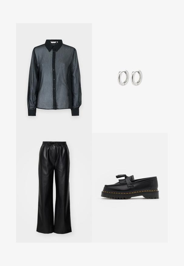 Črna prosojna bluzo z vzorcem pikic, klasičnim ovratnikom, gumbnim zapiranjem spredaj in dolgimi rokavi. Ima manšete z zavihki in nekoliko strukturirano obliko.; Dolga prozorna majica v temno vijolični barvi, ki ima teksturiran vzorec z bleščečimi akcenti. Ravan rob in širok izrez.; Črne usnjene široke hlače z elastičnim pasom in nastavljivo vrvico; gladka tekstura z enostavnim, minimalističnim dizajnom.; Črne usnjene loafersice s kaširanim naglasom, z debelim črnim podplatom in rumenim šivom ob robu. Teksturirana površina.; Srebrni obročasti uhani s poliranim finišom, ki se ponašajo s krožno zasnovo in brezšivnimi tečaji ter gladko teksturo.