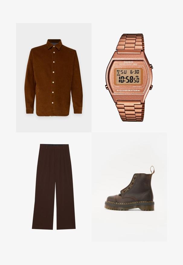 Jack & Jones JJCORDUROY - Košeľa - monks robe; Hnedé nohavice s širokými nohavicami a plisovaním. Vyrobené z hladkej látky, s upraveným pásom a bočnými vreckami. Rovný lem na spodnej časti.; Hnedé kožené členkové topánky s okrúhlym špicom, kontrastným žltým prešívaním, dekoračnými kovovými očkami a drážkovanou gumovou podrážkou.; Digitálne hodinky Casio s kovovým remienkom v ružovom zlate, obdĺžnikovým puzdrom, osvetleným displejom a vodoodolnosťou, zobrazuje čas a dátum.