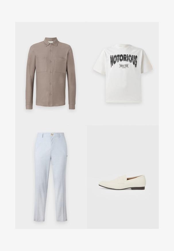 Világosbarna gombos ing, gallérral, két mellzsebbel és hosszú ujjakkal, sima, textúrált anyagból.; Fehér pamut póló rövid ujjal, amelynek középpontjában a feltűnő fekete "NOTORIOUS" grafikai szöveg található, alatta pedig a "WORLD TOUR 1990" dizájn található, elhasznált nyomtatással.; Világoskék szövetnadrág, klasszikus szabással, egyenes lábbal, elülső zsebekkel és gombos záródással. Finom mintázat részletekkel.; Világos bézs loaferek hegyes orral, sima anyagból, a lábfejen lévő pánttal és alacsony barna talppal. Egyszerű dizájn, minimális díszítéssel.