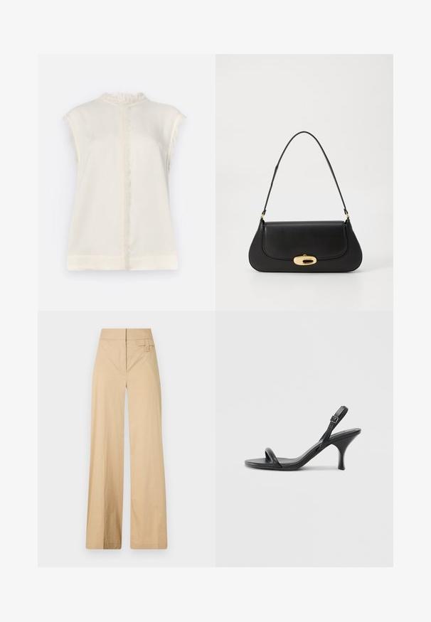 T-shirt sans manches crème avec un col texturé à volants et des accents frangés le long des épaules et de la couture centrale. Tissu doux et léger.; Pantalons larges beige en coton mélangé. Caractéristiques : texture lisse, taille élastique et détail à bouton sur le côté.; Sandales à talons hauts en cuir noir avec un talon fin et courbé et un design de brides croisées. Bride de cheville réglable. Texture lisse.; Sac à main en cuir noir avec un design incurvé, matériel doré et une poignée sur le dessus. Présente une fermeture élégante et une texture lisse.
