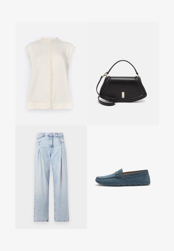 Hihaton kermaisa paita, jossa on teksturoitu röyhelökaulus ja fringeelementtejä hartioilla ja keskisaumassa. Pehmeä, kevyt materiaali.; Vaaleansiniset farkut, joissa on korkea vyötärö, leveälahkeinen leikkaus, kaksi sivutaskua ja pleatattu muotoilu. Pehmeä rakenne, jossa on haalistunut viimeistely.; Siniset mokkasiinit, joissa on tasainen pohja, reunassa ommeltu kuviointi ja koristeellinen metallidetalji edessä.; Mustalla nahkalaukulla, jossa on jämäkkä muotoilu, lyhyt malli, yläkahva ja kultaiset yksityiskohdat. Säädettävä olkahihna sisältyy.