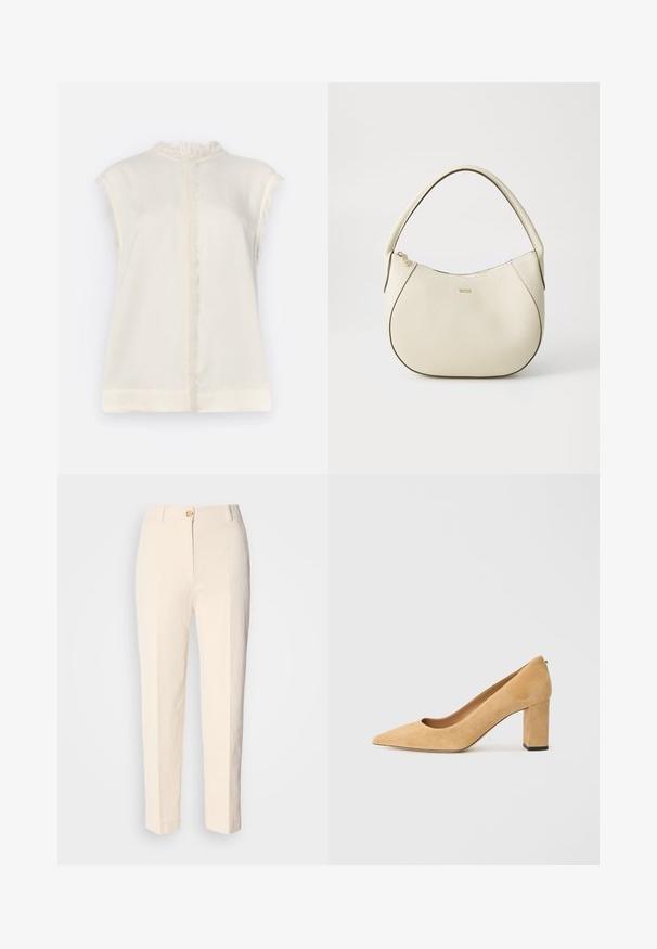 Ärmelloses cremefarbenes Top mit einer strukturierten, gerafften Halslinie und fransigen Akzenten an den Schultern und der Mittelnaht. Weicher, leichter Stoff.; Cremfarbene, hochtaillierte Hose aus strukturiertem Stoff. Mit einem Knopfverschluss vorne und schmal zulaufenden Beinen.; Beige Wildleder-Pumps mit hohem Absatz, spitz zulaufend und mit einem klobigen Blockabsatz. Das Material hat eine weiche Textur mit einer glatten Oberfläche.; Cremfarbener Handtasche mit strukturiertem Finish, gebogener Form, kurzem Griff und Logo-Detail in Gold. Reißverschlussverschluss oben.