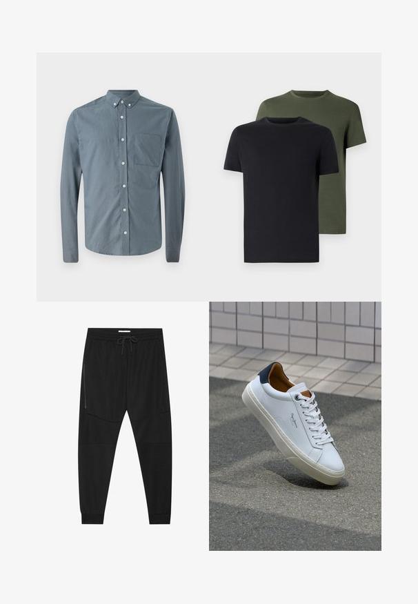 Nööpidega särk sügavas sinises toonis, pikkade varrukatega, klassikalise kraega, ühe rinnataskuga ja valged nööbid sujuva kangatekstuuriga.; Kaks ümarate kaelustega t-särki mustas ja oliivrohelises värvuses, valmistatud pehmest puuvillakangast. Kujundus on lihtne, lühikeste varrukatega ja sirge lõikega.; Mustad mustad teksitootest valmistatud mustad treeningpüksid, millel on reguleeritav vöökoht, tõmblukuga küljetasku ja kitsenevad varrukad.; Valge nahast tennis, millel on tumesinine konts, ümmargune nina ja kontrastsed pruuni aktsendid. Omab lamepaelti ja tekstureeritud kummist tallat.