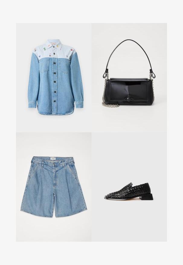 Camisa de ganga com corpo azul claro, parte superior às riscas, dois bolsos no peito e remendos decorativos. Apresenta um fecho frontal com botões e mangas longas.; Shorts de ganga azul claro com um corte descontraído, apresentando uma cintura alta, bolsos laterais e um fecho de botão. Textura desbotada em todo o tecido.; Shoe slip-on de couro preto trançado com salto baixo e detalhe em borda ondulada, exibido sobre um fundo branco.; Bolsa de mão em verniz preto com formato retangular, alça de corrente e um detalhe de hardware distinto no centro. Textura suave.