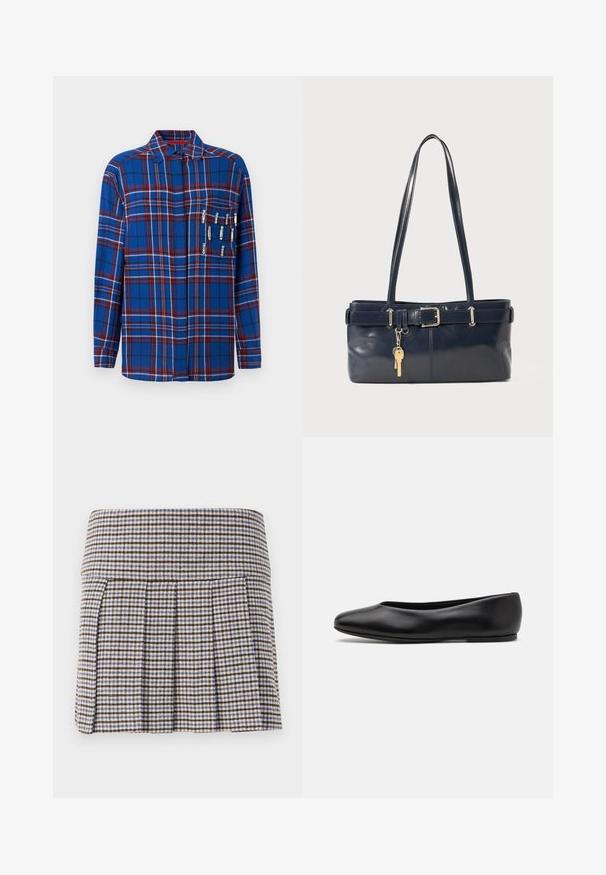 Camisa de cuadros azul de manga larga con acentos en rojo y blanco, incluye alfileres de seguridad decorativos en el bolsillo del pecho, con un diseño de cuello.; Falda plisada en un patrón de cuadros marrón, beige y azul. Confeccionada en un tejido texturizado, cuenta con una cinturilla ajustada y pliegues decorativos.; Paul Smith TOPANGA - Bailarinas - black; Bolso de mano de cuero navy con dos asas largas, un detalle de hebilla y un llavero adjunto. Presenta una textura suave y una forma rectangular.