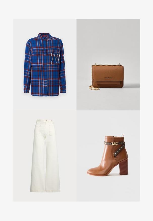 Blå rutete skjorte med lange ermer og røde og hvite detaljer, inkluderer dekorative sikkerhetsnåler på brystlommen, har krage-design.; Vidde bukser i off-white denim. Høyt liv-design med knappelukking, to frontlommer og kontrastsøm detaljer.; Brune lær ankle boot med stablet blokhæl, sidestraps med guldnitter og en guld "MK" logo spænde.; Brun teksturert lær crossover-veske med gullkjede-stropp og klaffelukking. Fronten har logo-detalj og en lomme under klaffen.