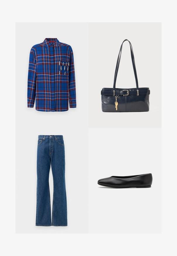 Blåternet langærmet skjorte med røde og hvide detaljer, inkluderer dekorative sikkerhedsnåle på brystlommen, med en krave-design.; Blå denim flared jeans med høj talje, der har fem lommer, en sølvfarvet knaplukning og synlige stikninger.; Paul Smith TOPANGA - Ballerinasko - black; Mørkeblå læderhåndtaske med to lange håndtag, en spænde detaljer og en nøglering vedhæftet. Den har en glat tekstur og en rektangulær form.