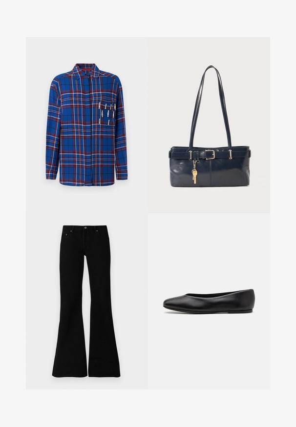 Camicia a maniche lunghe a quadri blu con accenti rossi e bianchi, includes spille di sicurezza decorative sulla tasca del petto, con design a colletto.; Jeans neri a zampa d'elefante realizzati in denim, con un classico design a cinque tasche, chiusura con bottone e dettagli di cucitura sottili lungo le cuciture.; Paul Smith TOPANGA - Ballerine - black; Borsa a mano in pelle blu con due manici lunghi, un dettaglio con fibbia e un portachiavi attaccato. Presenta una texture liscia e una forma rettangolare.