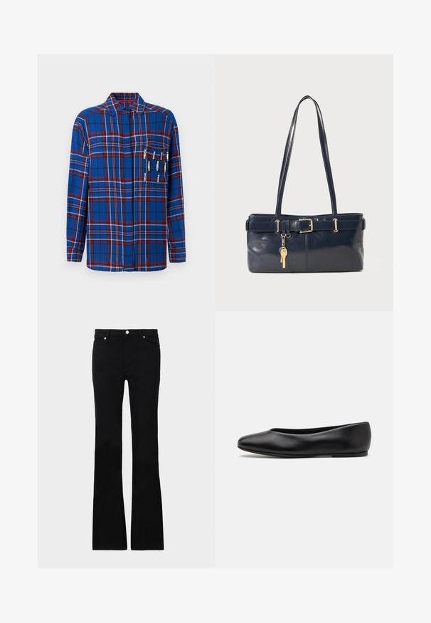 Blue plaid long-sleeve shirt with red and white accents, includes decorative safety pins on the chest pocket, featuring a collared design.; Black flared jeans made of denim, featuring two front pockets, a button closure, and a smooth texture. Signature stitching visible at seams.; Paul Smith TOPANGA - Ballet pumps - black; Navy leather handbag with two long handles, a buckle detail, and a keychain attached. Features a smooth texture and a rectangular shape.