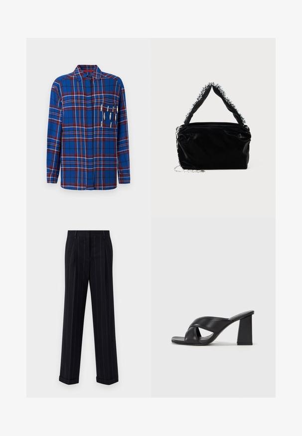 Sinine ruuduline pika varrukaga särk punaste ja valgete detailidega, kaunistatud dekoratiivsete turvalukkudega rinnataskus, omab kraed.; Mustra mustriga tumeda värvusega püksid, millel on kohandatud lõige, varras ja ees olevad voldid. Valmistatud siledast kangast, millel on struktureeritud disain.; MAX&Co. SOHO - Kõrge kontsaga sandaalid - schwarz; Must mustrepp nahkakäekott, millel on tekstuuriga viimistlus, esitades pehme hõbedase aktsendi pealt käepideme juures ja kettainet.