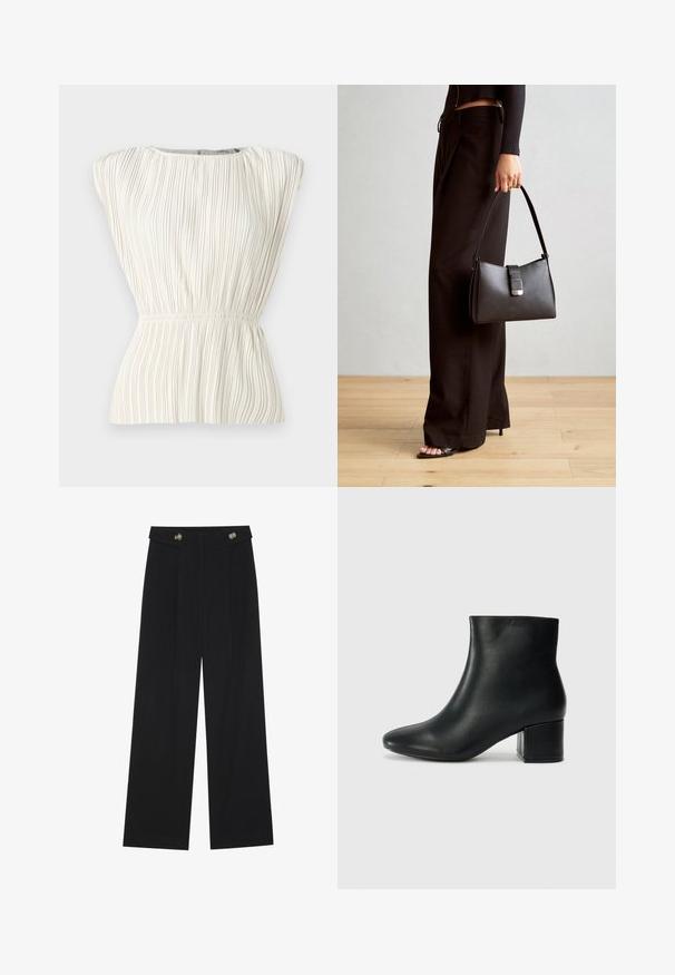 ICHI MIKALA - Top - almond milk; Black wide-leg trousers with high waist, button details on waistband, and front pleats.; Black leather ankle boots with a pointed toe and a chunky heel. Smooth texture with minimal accents and a sleek, fitted design.; Black handbag with structured shape, smooth texture, and a metallic clasp. Paired with wide black pants and open-toe sandals on wooden floor.