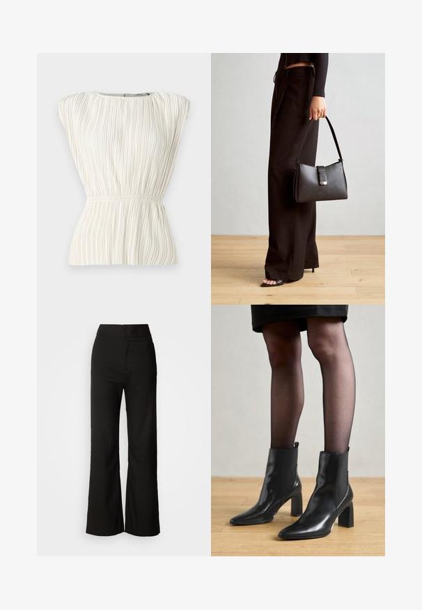 ICHI MIKALA - Top - almond milk; Black wide-leg trousers with a smooth texture, high waist, and a clean design. No visible pockets or embellishments.; Black leather ankle boots with a pointed toe, chunky square heel, and sleek design. Features elastic side panels for easy wear.; Black handbag with structured shape, smooth texture, and a metallic clasp. Paired with wide black pants and open-toe sandals on wooden floor.