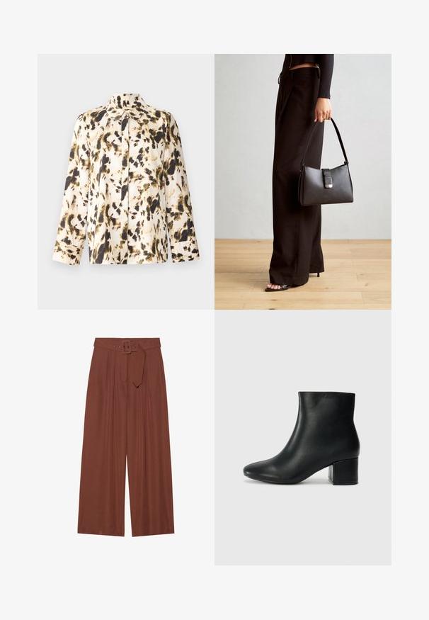 Bluza z dolgimi rokavi iz lahkega materiala z bež osnovo in črnimi ter olivno zelenimi abstraktnimi madeži, s sprednjim delom na gumbe in koničastim ovratnikom.; Široke hlače iz rjavega blaga, ki vključujejo pas s kvadratno zaponko, nabran dizajn in gladko teksturo.; Črne usnjene gležnjarje s koničastim nosom in debelim peto. Gladka tekstura z minimalnimi detajli in eleganten, prilegajoč dizajn.; Črna torbica z strukturirano obliko, gladko teksturo in kovinskim zaponko. Ujemajo se z širokimi črnimi hlačami in odprtimi sandali na lesenem tleh.
