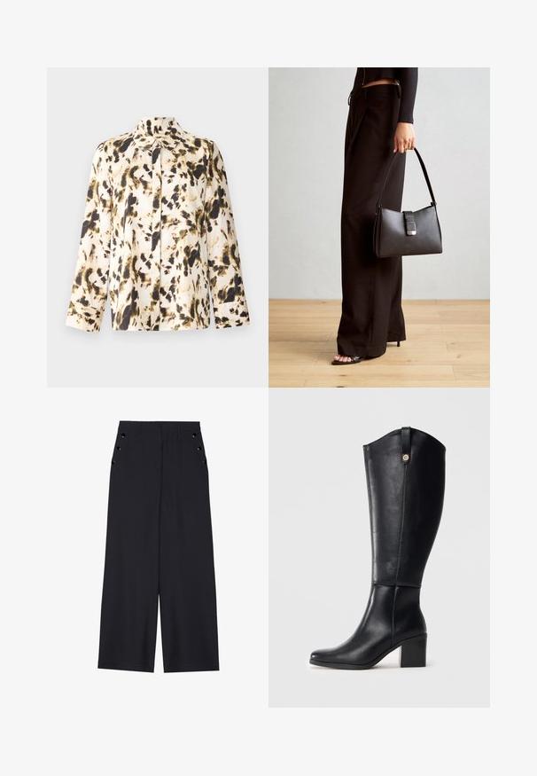 Ilgto piedurkņu blouse vieglā audumā, kurai ir bēšs pamats ar melniem un olīvu zaļiem abstraktiem plankumiem, ar pogu aizdari priekšpusē un norādītu apkakli.; Platīsara bikses tumši zilā audumā, kurām ir gluda tekstūra, priekšējie kroki un dekoratīvi zeltaini acs pie sānu kabatām.; Melnas ādas ceļa augstuma zābakus ar kvadrātveida purngaliem un blocētiem papēžiem. Iekļauj sānu šuvi un dekoratīvo metāla akcentu augšā.; Melnā somiņa ar strukturētu formu, gludu tekstūru un metālu sprādzi. Saskaņota ar platām melnām biksēm un sandālēm ar atvērtu purngalu uz koka grīdas.