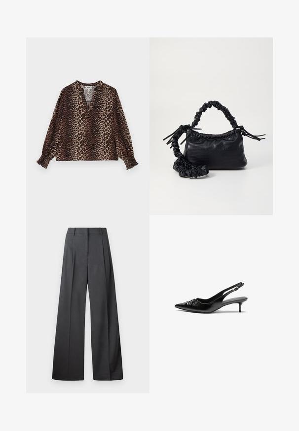 Bluse med leopardprint, V-udskæring, lange ærmer og elastiske manchetter. Fremstillet af et blødt, let stof i brune og beige nuancer.; Bredde benbukser i mørkegrå stof, med høj talje, enkelte læg og en glat tekstur med en ren finish ved kanten.; Sorte læderslippers med spidse tæer, lille kitten hæl og en dekorativ knude detalje foran. Glat tekstur hele vejen rundt.; Sort kunstlæder håndtaske med krokodilteksur, indsnøret top og en sammenkrøben rem. Ser blød og kompakt ud i designet.