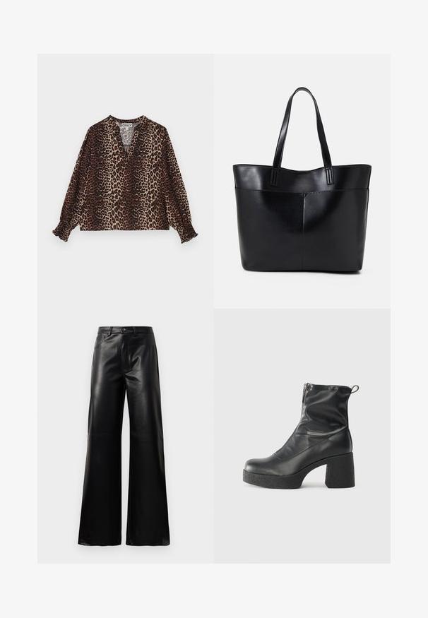 Blus med leopardmönster, V-ringning, långa ärmar och elastiska manschetter. Tillverkad av ett mjukt, lätt tyg i bruna och beige nyanser.; Svarta högmidjade vida byxor i konstläder med framknapp, dragkedjestängning, bältesöglor och sidofickor på vit bakgrund.; Svarta ankelstövlar i slitstark läder, med sidodragkedja, kraftig strukturerad klack och rundad tådesign.; Svart läder tote-väska med två långa handtag, en slät yta och en strukturerad form. Har en framficka för extra förvaring.