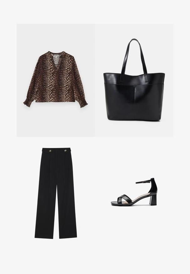 Blouse met panterprint, V-hals, lange mouwen en elastische manchetten. Gemaakt van een zachte, lichtgewicht stof in bruin- en beigetinten.; Zwarte wijde broek met hoge taille, knoopdetails op de tailleband en plooien aan de voorkant.; Zwarte open teen hakken sandalen met gekruiste banden, een verstelbare enkelband en een chunky hak, met een gladde leren textuur.; Zwarte leren tote bag met twee lange handvatten, een zachte textuur en een gestructureerde vorm. Voorzien van een voorvak voor extra opslagruimte.