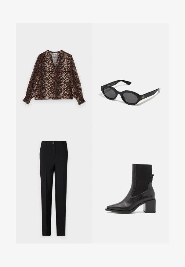 Leopardi-kuosiset pusero, jossa on V-pääntie, pitkät hihat ja joustavat hihansuut. Valmistettu pehmeästä, kevyestä kankaasta ruskean ja beige värisävyissä.; Mustat muotolahkeiset housut, joissa on suora lahkeiden muotoilu, varustettuna nappikiinnityksellä ja vyölenkeillä, valmistettu sileästä kankaasta.; Mustapohjaiset nilkkurit, joissa on terävä kärki, valmistettu sileästä nahasta ja joustavasta kankaasta. Varustettu palakorkolla ja minimalistisella muotoilulla.; Mustat soikeat aurinkolasit tummilla linsseillä ja kiiltävästä muovista valmistetulla kehällä. Varustettu kullanvärisellä logolla temppeleissä, tarjoten tyylikkään ja modernin muotoilun.; Sininen kuviollinen käsilaukku, joka on valmistettu kankaasta, ja siinä on kaareva muoto, musta nahkakahva sekä logo suunnittelu vaaleammassa sävyssä.