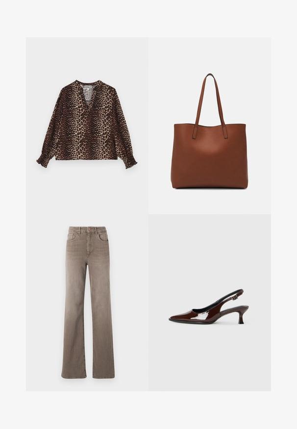 Bluzo z vzorcem leoparda z V-izrezom, dolgimi rokavi in elastiko na manšetah. Narejena iz mehkega, lahkega materiala v rjavih in bež tonih.; Rjavi visoki naramnice z ravnimi hlačnicami in sprednjim gumbom, z zanko za pas in klasičnim petim žepnim dizajnom na beli podlagi.; Rjavi lakirani slingback čevelj z ostro konico in zmerno peto. Ima zaponko za varno prileganje. Gladka tekstura.; Rjava usnjena torba z gladko teksturo, odprto zasnovo zgoraj in dvema naramnima trakovoma. Opremljena je z minimalnim šivanjem in brez vidnih kovinskih delov.