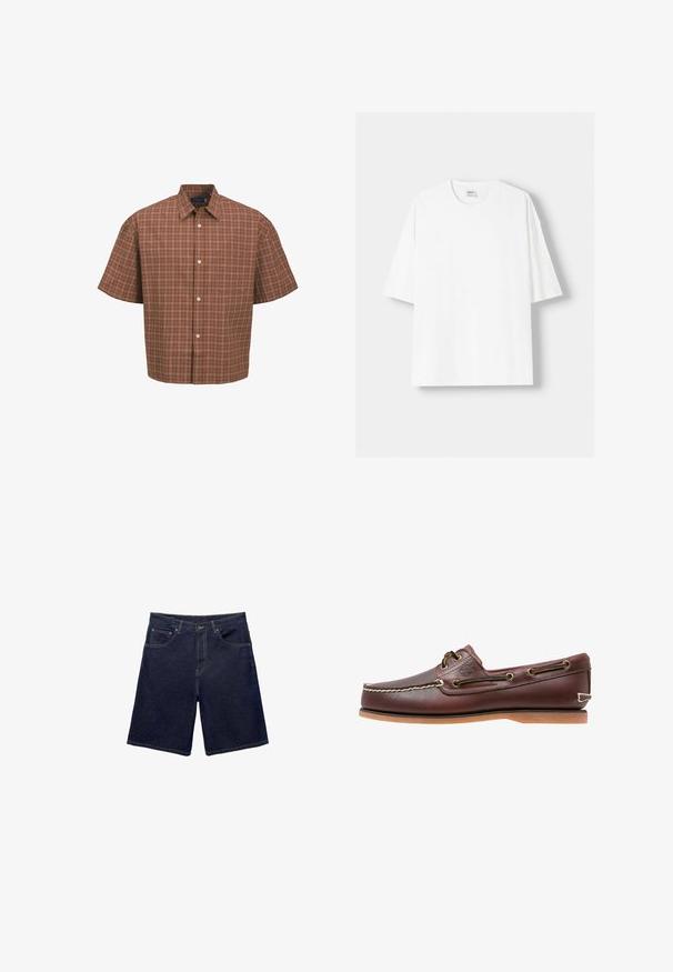 Korte mouw shirt in een bruine ruitpatroon met witte en beige accenten, met een kraag, knoopsluiting aan de voorkant en een enkele borstzak.; Witte t-shirt met korte mouwen, gemaakt van katoen, met een ronde halslijn en een relaxte pasvorm. Gladde textuur, zonder zichtbare patronen of accenten.; Donkere blauwe denimshorts met een klassieke snit, vijf zakken en contrasterende stiksels. Glad textuur met een stevige tailleband.; Bruine leren bootschoen met witte stiksels, bruine veters en een tan rubberen zool. Heeft een logo aan de zijkant en metalen oogjes voor de veters.