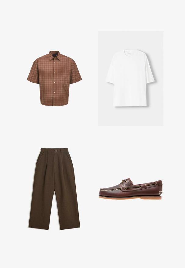 Short-sleeve shirt in brown check pattern with white and beige accents, featuring a collar, button front, and a single chest pocket.; White short-sleeved t-shirt made from cotton, featuring a round neckline and a relaxed fit. Smooth texture, with no visible patterns or accents.; Brown pleated trousers with a wide-leg design, featuring a button closure and side pockets, made of textured fabric suitable for casual wear.; Brown leather boat shoe with white stitching, brown laces, and a tan rubber sole. Features a logo on the side and metal eyelets for laces.