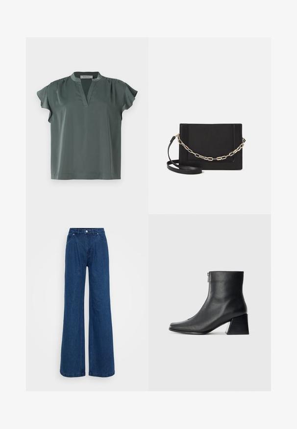 Short sleeve, olive green blouse made of smooth fabric with a V-neck and pleated shoulder details. Casual fit with a straight hem.; Wide-leg blue denim jeans with a high waist, front button and zipper closure, and front and back pockets against a plain background.; Black leather ankle boot with square toe, side zipper, and block heel against plain light background.; Black leather crossbody bag featuring a smooth texture, rectangular shape, and a metallic chain detail on the front. Adjustable strap included.