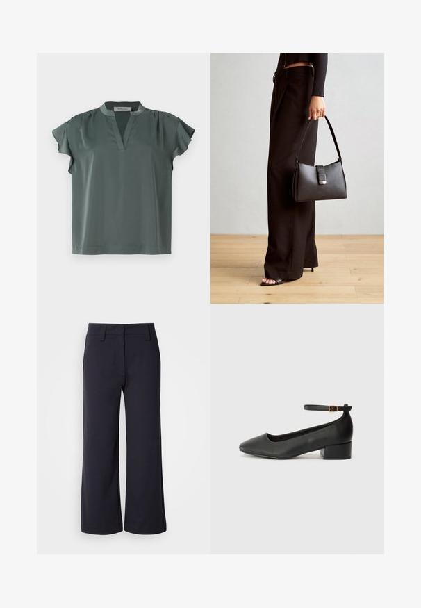 Blouse à manches courtes couleur olive en tissu lisse avec un col en V et des détails plissés aux épaules. Coupe décontractée avec un ourlet droit.; Pantalons à jambes larges en tissu bleu marine foncé. Avec une taille plate, des passants de ceinture et des poches latérales. Le matériau est lisse avec une légère élasticité.; Escarpin en cuir noir avec un bout pointu et un petit talon bloc. Doté d'une bride de cheville avec une boucle dorée. Texture lisse.; Sac à main noir à la forme structurée, texture lisse et fermoir métallique. Associé à un pantalon noir ample et des sandales ouvertes sur un sol en bois.