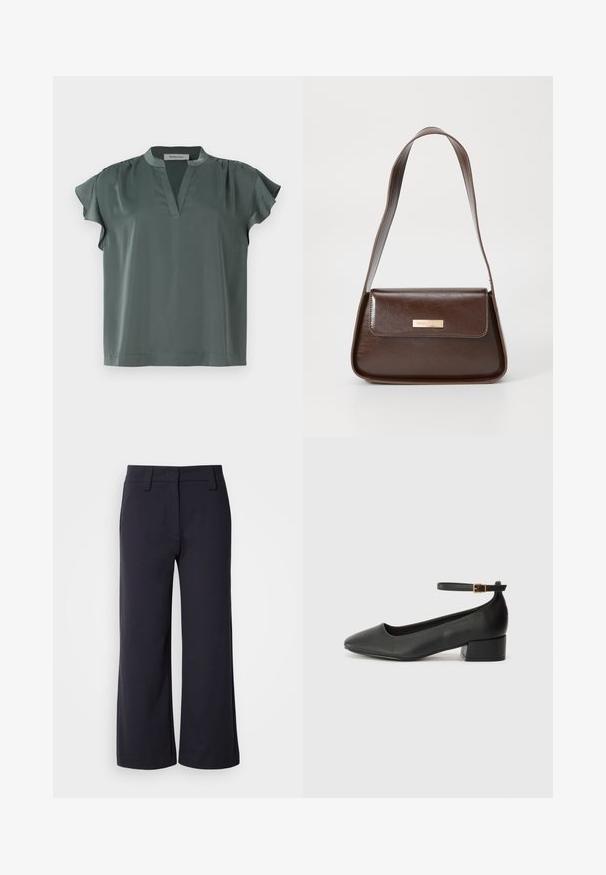 Korte mouwen, olijfgroene blouse van soepel stof met een V-hals en geplooide schouderdetails. Casual pasvorm met een rechte zoom.; Wijd-zittende broek in donkerblauwe stof. Heeft een vlakke voorkant, riemlussen en zijzakken. Het materiaal is glad met een lichte stretch.; Zwarte leren pump met een spitse neus en een lage blokhak. Beschikt over een enkelband met een goudkleurige gespsluiting. Gladde textuur.; Bruine leren schoudertas met een gestructureerde vorm, voorzien van een magnetische klepsluiting en een metallic logoaccent aan de voorkant.