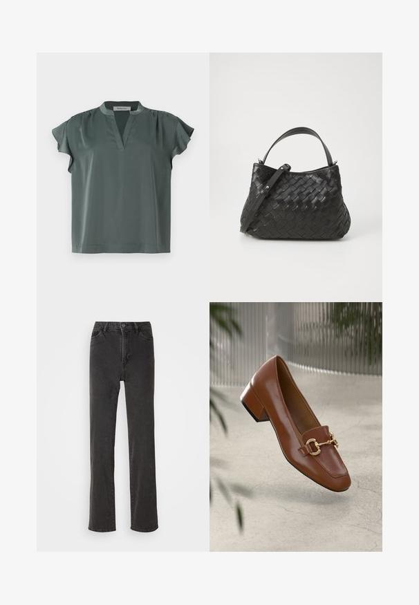 Kratki rokavi, olivno zeleni blouse iz gladkega materiala z V-izrezom in nabranimi detajli na ramenu. Ohlapen kroj z ravnim robom.; Črne denim hlače z ravnim krojem, visokim pasom, petimi žepi in gumbom za zapiranje. Material ima rahlo teksturo, brez vidnih vzorcev.; Rjavi lakirani loafer z kvadratnim nosom, kovinsko verigo kot okrasom in nizko blok podplatom; gladka tekstura, minimalističen dizajn.; Črna pletena usnjena torbica za roke zaobljene oblike, opremljena z zgornjim ročajem in snemljivim paskom. Gladka tekstura in subtilni detajli šivanja.
