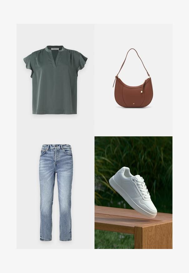 Blusa de manga corta en color verde oliva, hecha de una tela suave con escote en V y detalles de hombros plisados. Corte casual con dobladillo recto.; Jeans de mezclilla azul claro con ajuste recto, cintura alta, textura desgastada y cinco bolsillos. Presenta cierre de botón metálico y cremallera.; Zapatilla blanca con un upper sintético suave, caja de dedos perforada, cordones planos y una suela texturizada, exhibida sobre una superficie de madera.; Bolso de hombro de imitación cuero marrón con forma curva, costura mínima y un acento de hardware en tono dorado. Presenta un cierre de cremallera en la parte superior y una correa ajustable.