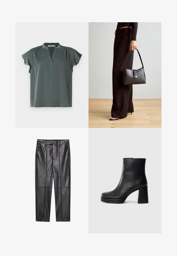Rövid ujjú, olíva zöld blúz sima anyagból, V-nyakkal és redős vállrész részletekkel. Kényelmes fazon, egyenes aljjal.; Fekete bőrnadrág sima textúrával, egyenes szabással, két elülső zsebbel és látható varrás részletekkel.; Fekete bőr bokacsizma tömbsarkal és platform talppal, oldalról nézve, sima fehér háttéren.; Fekete kézi táska strukturált formával, sima textúrával és fémből készült záródással. Széles fekete nadrággal és nyitott orrú szandállal párosítva, fából készült padlón.