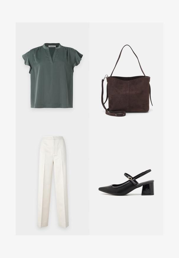 Blusa a maniche corte di colore verde oliva realizzata in tessuto morbido, con scollatura a V e dettagli plissettati sulle spalle. Vestibilità casual con orlo dritto.; Pantaloni color crema con vestibilità sartoriale, dotati di gamba dritta, tessuto liscio, pince frontali e orlo pulito. Design minimalista.; Décolleté in vernice nera con cinturino dietro, punta affusolata, design con ritagli arrotondati e tacco a blocco. Presenta un accento di fibbia tono oro.; Borsa a spalla in suede marrone con una texture morbida, caratterizzata da una singola tracolla e un'apertura superiore leggermente curvata. Nessun dettaglio hardware visibile.