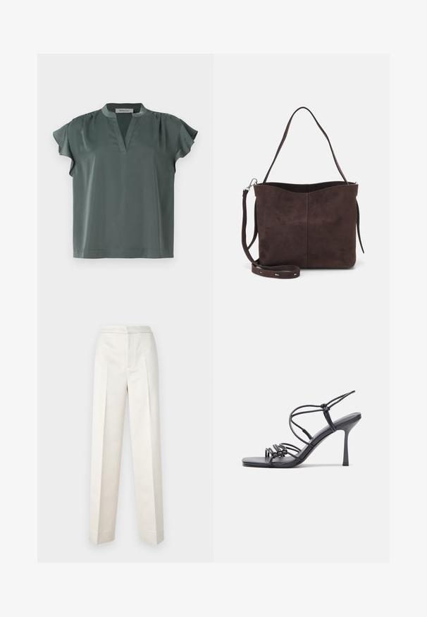 Blusa a maniche corte di colore verde oliva realizzata in tessuto morbido, con scollatura a V e dettagli plissettati sulle spalle. Vestibilità casual con orlo dritto.; Pantaloni color crema con vestibilità sartoriale, dotati di gamba dritta, tessuto liscio, pince frontali e orlo pulito. Design minimalista.; Sandali neri con tacco alto presentano sottili cinturini con design annodato, una punta quadrata liscia e un elegante tacco a spillo.; Borsa a spalla in suede marrone con una texture morbida, caratterizzata da una singola tracolla e un'apertura superiore leggermente curvata. Nessun dettaglio hardware visibile.