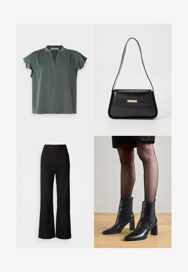 Kurze Ärmel, olivgrüne Bluse aus glattem Stoff mit V-Ausschnitt und gefalteten Schultern. Lässige Passform mit geradem Saum.; Schwarze weit geschnittene Hosen mit glatter Textur, hoher Taille und klarem Design. Keine sichtbaren Taschen oder Verzierungen.; Schwarze Leder-Ankle-Boots mit spitzer Zehenform, klobigem quadratischem Absatz und schlankem Design. Verfügt über elastische seitliche Einsätze für leichtes An- und Ausziehen.; Schwarze Lederhandtasche mit einer strukturierten dreieckigen Form, schmalem Trageriemen und goldfarbenen Beschlägen, die über ein Logo-Emblem auf der vorderen Klappe verfügt.; Goldene Creolen mit einer strukturierten, unregelmäßigen Form. Sie verfügen über einen nahtlosen Verschluss und eine polierte Oberflächenbehandlung, die ein modernes Design betont.